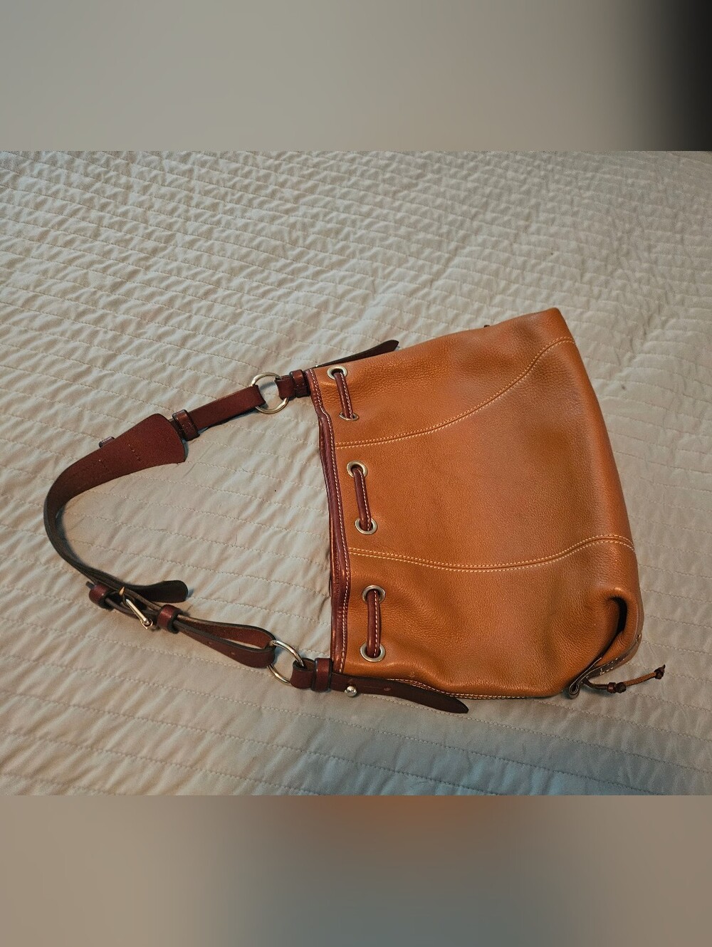 Dooney & Bourke Cognac Brown Leather Drawstring Shoulder Bag - Picture 2 of 11